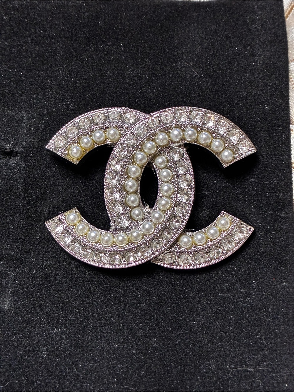 Double C Silver-Tone Pearl and Crystal Logo Brooch
